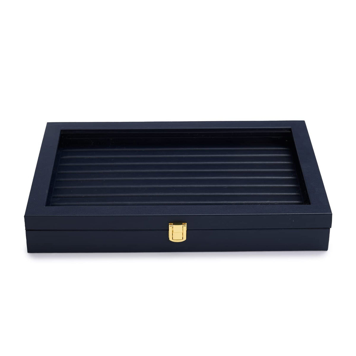 Oirlv Premium Blue Leather Rings Earrings Organizer Tray with Clear Lid Jewelry Display Box with Acrylic Lid Stackable Jewelry Box Drawer Inserts