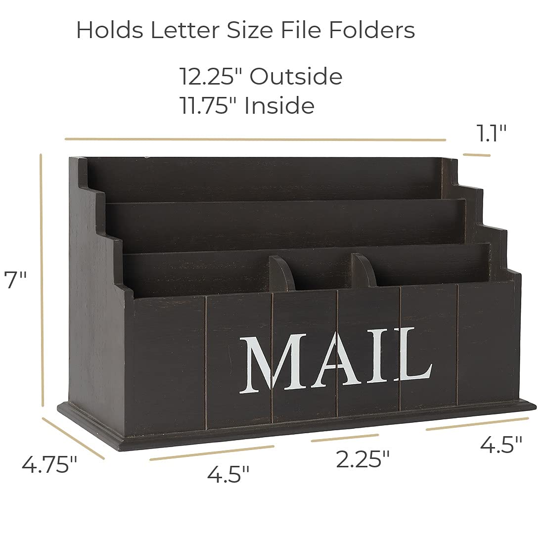 BLU MONACO Espresso Brown Wooden Mail Organizer | 3-Tier Rustic Desktop Mail Sorter for Kitchen Counter or Office | Wooden Letter Holder and Bill Storage Caddy | 12.5β x 4.5β x 7β Countertop Organizer