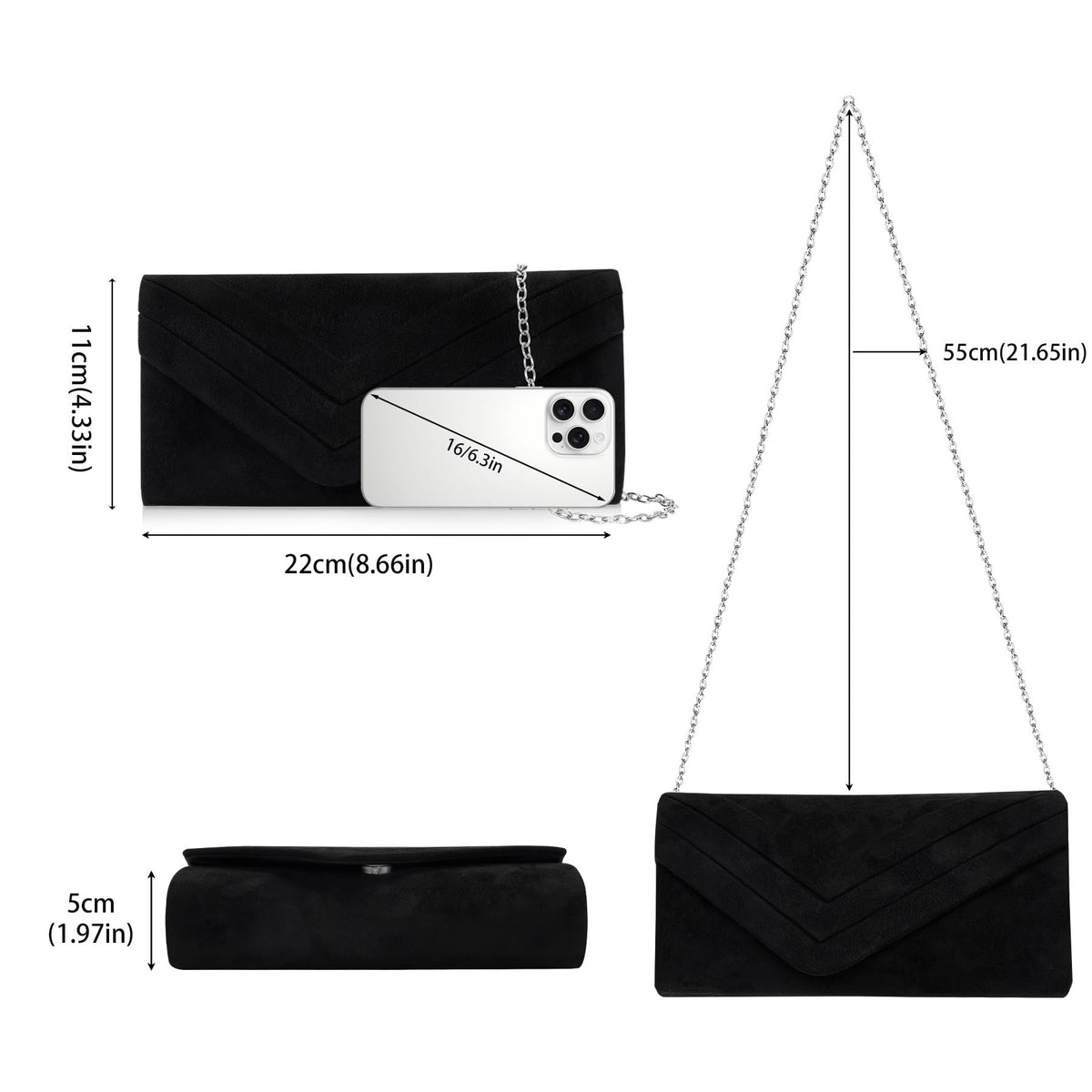 Larcenciel Elegant Black Suede Envelope Clutch Purse for Women, Soft Velvet Pleated Evening Bag with Detachable Chain Strap, Ladies Party Handbag for Formal Events, Wedding, Cocktail, Prom, Date Night