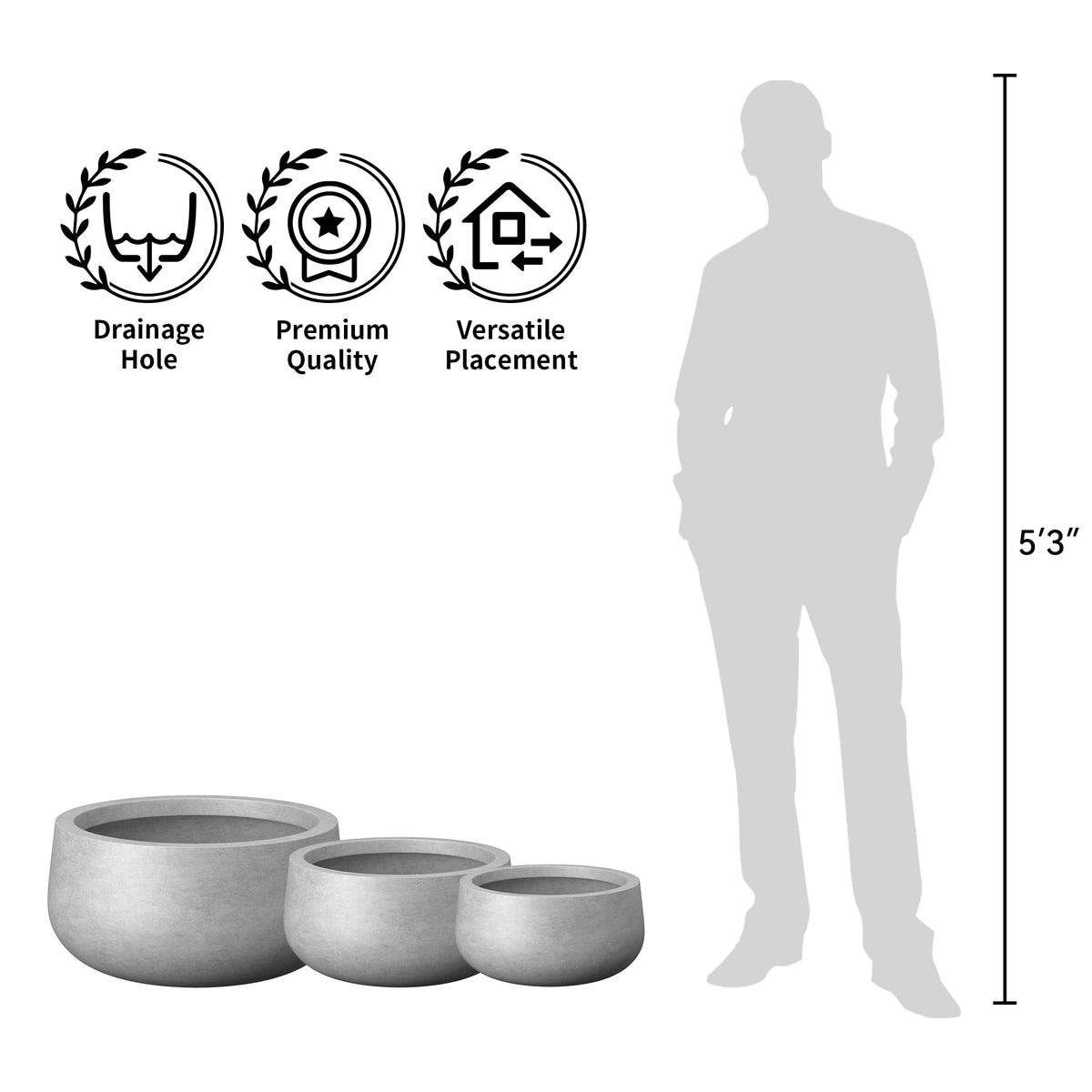 Kante 19.7,15.7,11.8 Inch-Dia Round Concrete Bonsai Planter with Drainage Hole, Large Plant Pot for Indoor Outdoor Plants, Suitable for Patio, Garden, Home, Concrete Gray