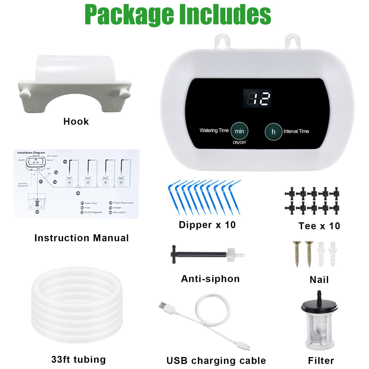 Lewisia WiFi Smart Plant Watering System, Indoor Drip Irrigation Kit for 10 Plants, App Control, USB Rechargeable, Auto-Irrigation Set with Timer, IP65 Waterproof