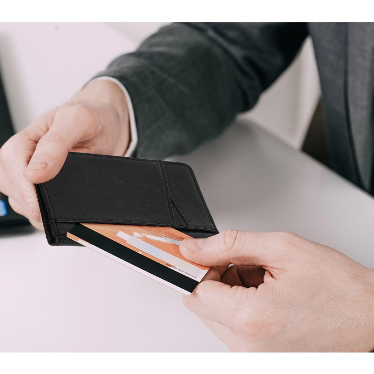Unaone Slim Minimalist Wallet - Premium Leather Card Holder RFID Blocking Card Case with 8 Card Slots and 2 ID Window, Crackle Black