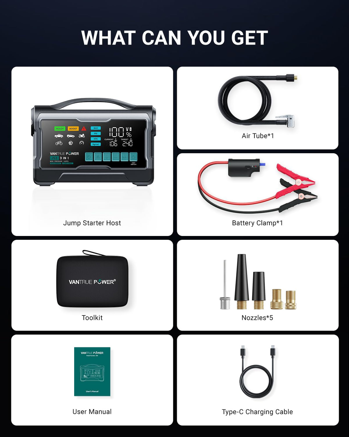 VANTRUE POWER JS3 Real 3250A Jump Starter with Air Compressor 160PSI, 12V Car Battery Booster with 9" Large Display, Jump Box with Light, 65W Fast Charging Power Bank, 8.0L Gas/3.8L Diesel Engines