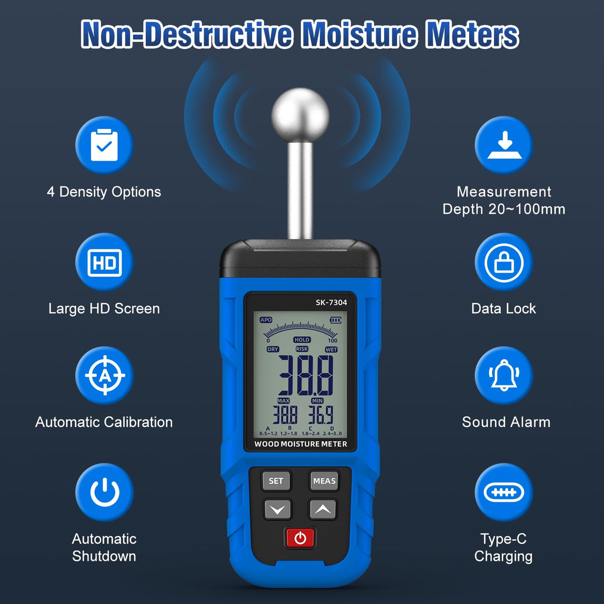 Moisture Meter, Wood Moisture Meter Rechargeable for Drywall Measurement, Pinless Moisture Meter with 20-100mm Measuring Depth for Detecting Humidity Level in Walls, Lumber, Masonry (Blue)