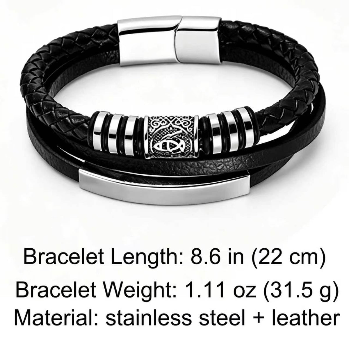 Kim Carrey Italian Handmade Genuine Leather Bracelets for Men Stainless Steel Clip, Men's Casual Genuine Multi-layer Cuff Bracelet, Bracelet Gift for Real Men (8.6" Viking)