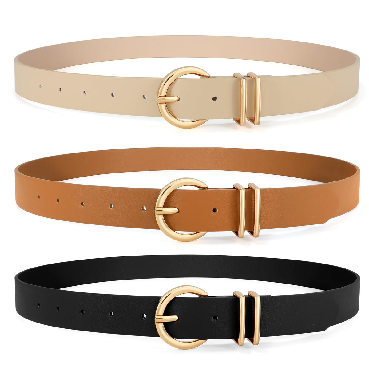VONMELLI 3 Pack Women's Belts for Jeans Dresses Leather Belts for Women Ladies Waist Belt with Gold Buckle, Black Brown Beige S