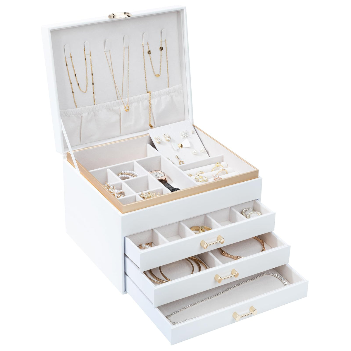 V-LAFUYLIFE Jewelry Box for Women,4-Layer Leather Jewelry Holder Organizer with 3 Drawers Large Jewelry Storage Boxes, Lots of Storage Space For Ring,Necklace,Bracelets,Earring(White)