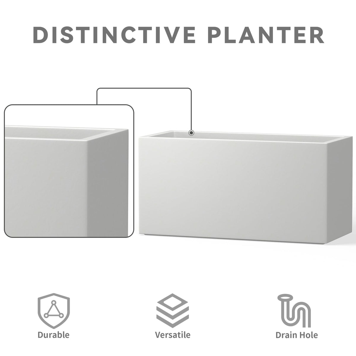 Kante 23.6" L Rectangular Concrete Planters, Outdoor Indoor Modern Plant Pot with Drainage Hole and Rubber Plug for Garden, Patio, Pure White Finish
