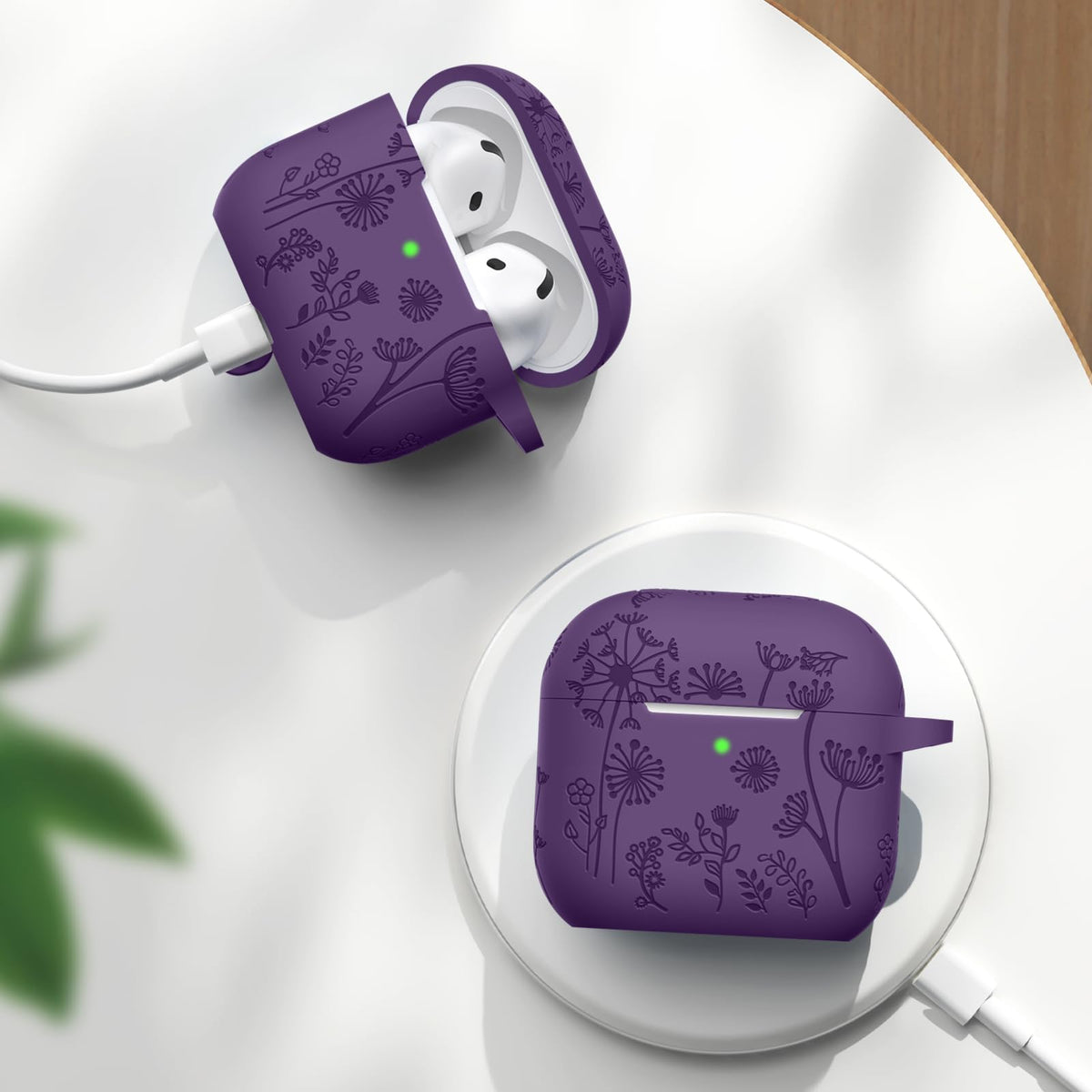 Lerobo for Airpods 4 Case Cover with Cleaner Kit, Stylish Flower Engraved Silicone Shockproof Case Cover with Keychain Compatible with Apple Airpods 4 Case 2024,Front LED Visible, Purple