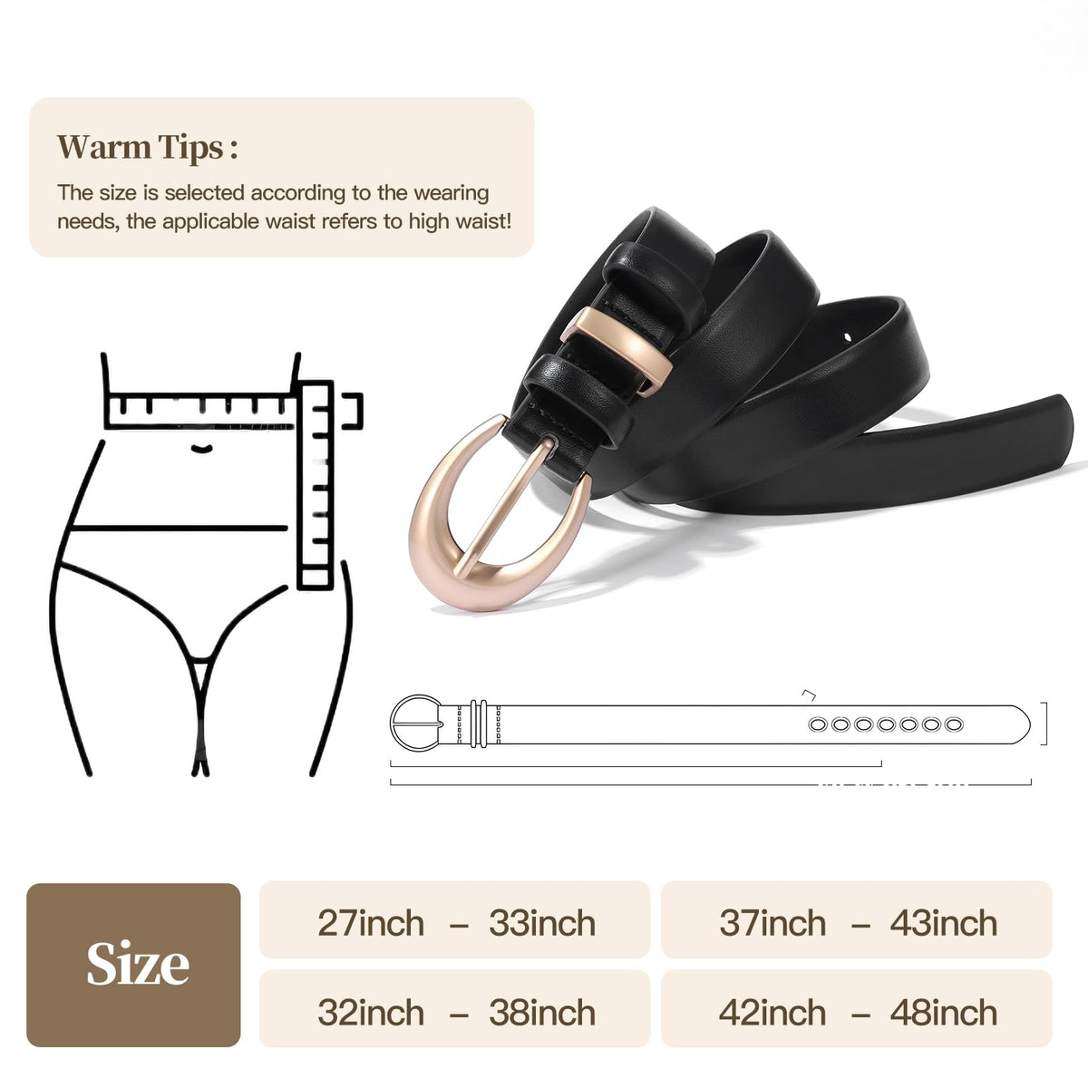 KONQUWA Women's Cow Leather Belt for Jeans Pants Fashion Ladies Skinny Dress Waist belt with Gold Buckle (Coffee/Gold Buckle,37″-43″)
