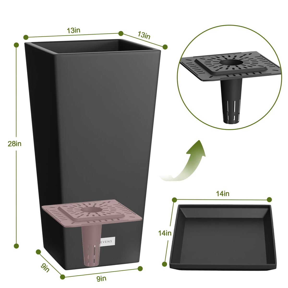 Elevens Outdoor Planter Larger Flower Pots Indoor Taper Garden V-Shape Tall Planters 28 inches Garden Pots Planter with 2 Trays - Black(2 Packs), 28"-2 Pack (A-GE01002)