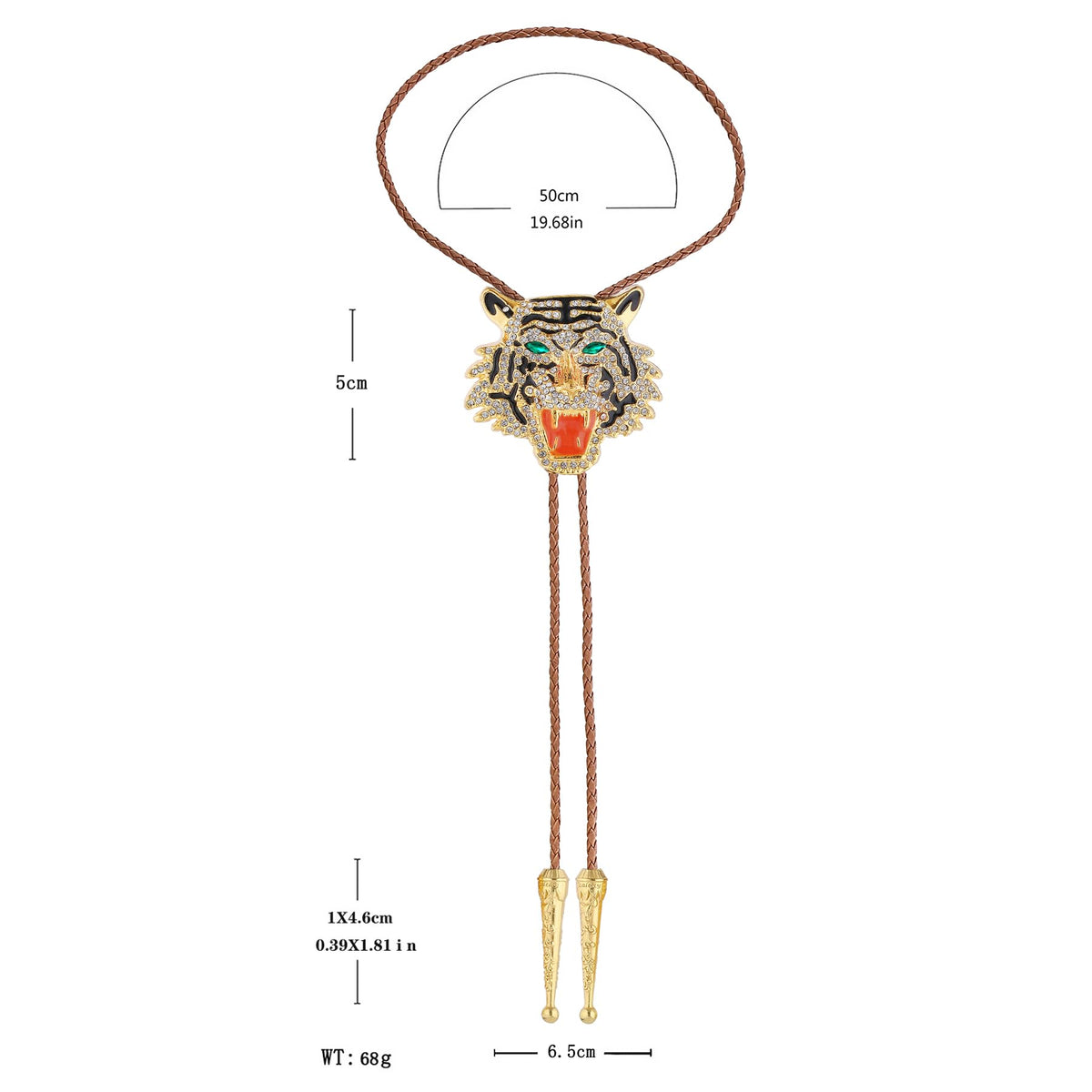 GelConnie Formal Bolo Tie for Men Rhinestone Gold Tiger Head Bola Brown Rope Bolo Tie Wedding Necklace Western Cowboy Necktie