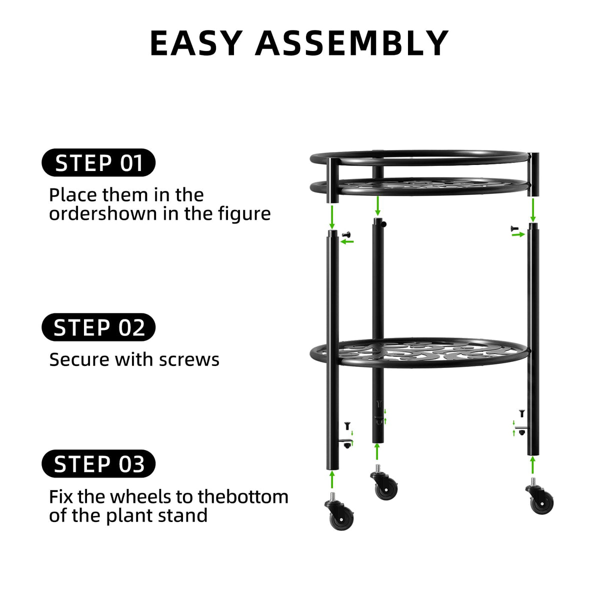 Rioneta 2 Tier Heavy Duty Rolling Plant Stand – 165 lbs Capacity Flower Pot Holder with Wheels for Indoor & Outdoor, Easy Move Cart for Balcony, Patio, Garden, 2 Pack Black