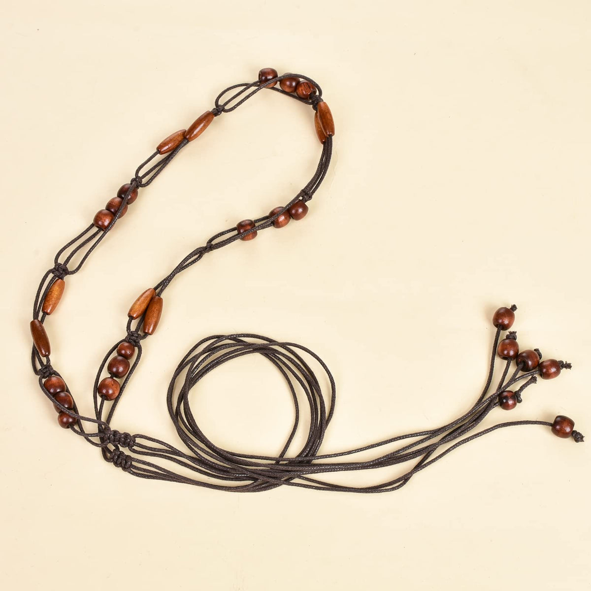 ILuvatar Women's tassel thin belt women's Bohemian style cross knotted hand woven belt Wooden beads waist rope 2pcs BLACK+ COFFEE