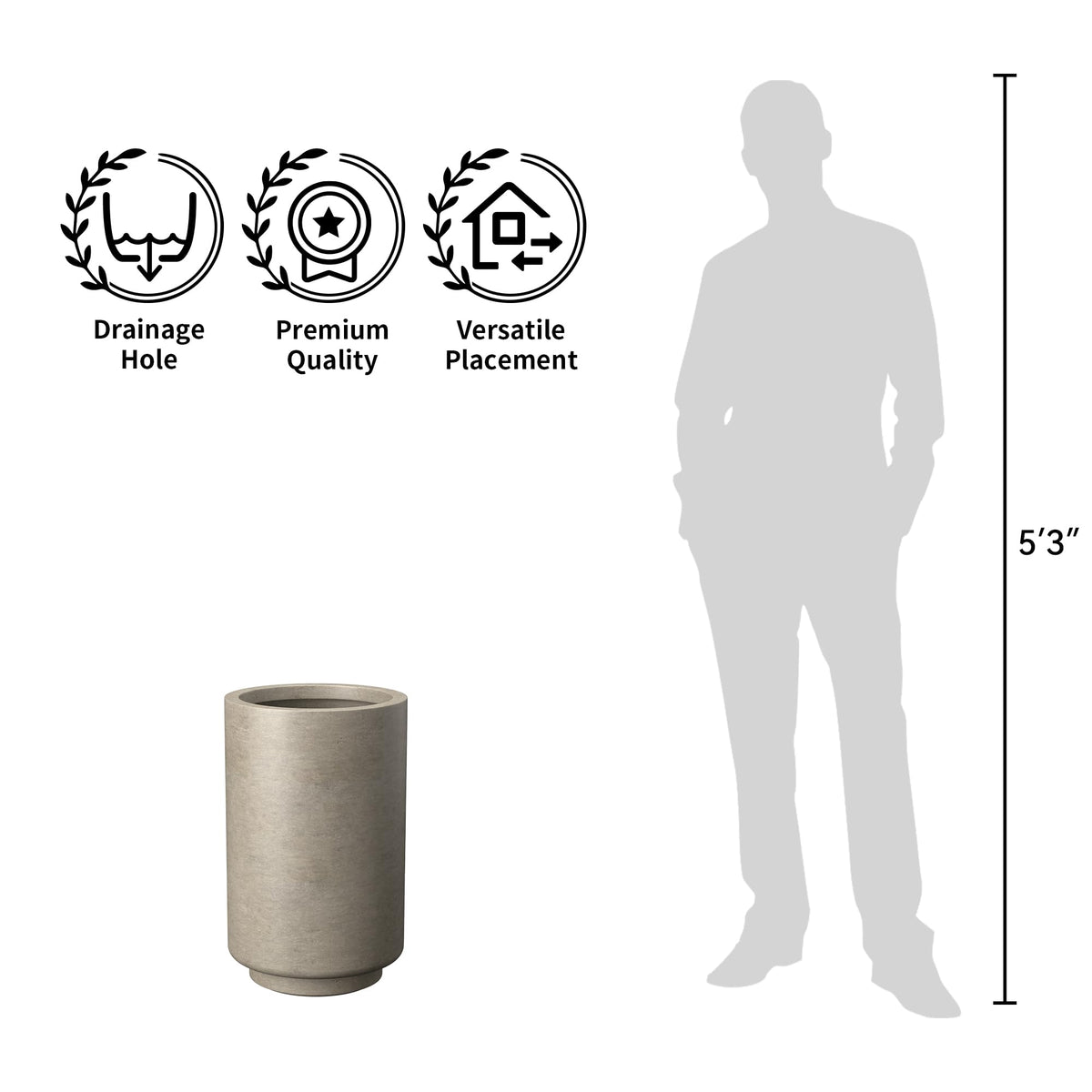 Kante 20.1-Inch Tall Cylindrical Concrete Planter, Round Outdoor Plant Pot with Drainage Hole and Rubber Plug for Indoor & Outdoor, Home, Patio, Garden, Weathered Concrete