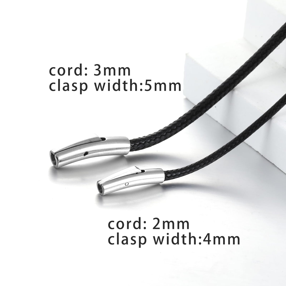SKQIR 3mm Black Waterproof Braided Leather Cord Necklace with Durable Stainless Steel Snap Clasp Men Women Woven Wax String Rope Chain for DIY Pendant Length 24"