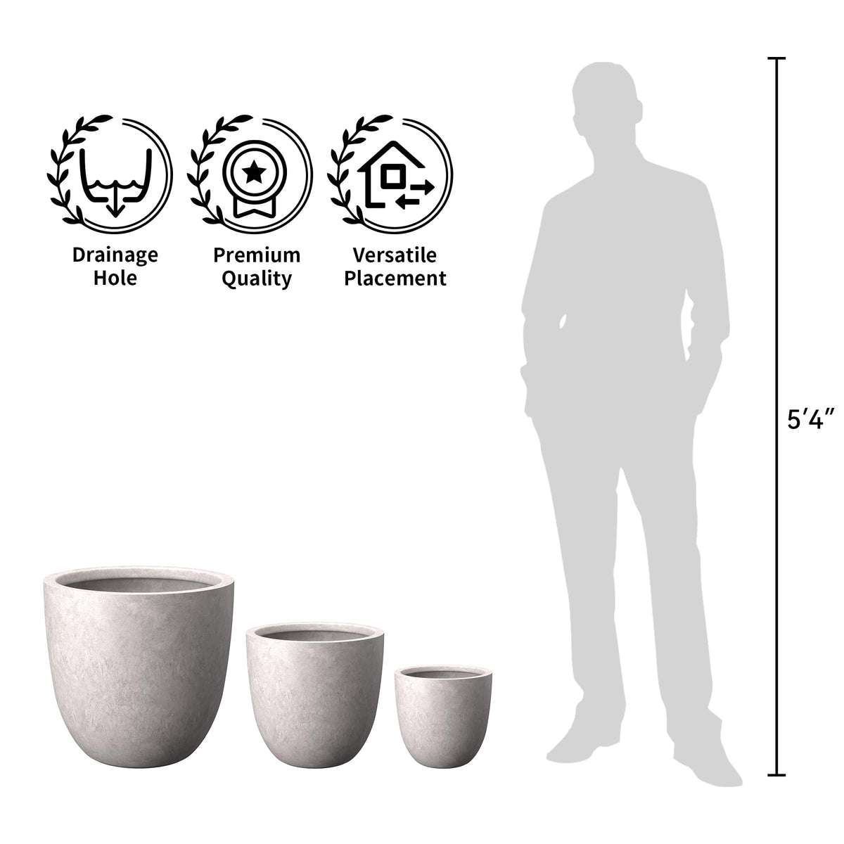 Kante Round Concrete Planter Set of 3, Large Outdoor Indoor Plant Pots with Drainage Hole, 10/14/18-Inch Diameter Flower Pots for Patio, Garden and Home, Light Gray