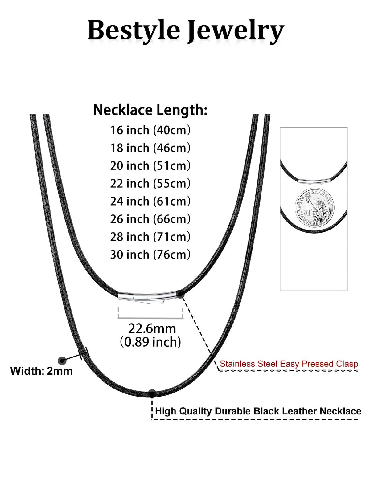 Bestyle 3MM Black Leather Necklace for Men Women,Waterproof Wax Woven Rope Chain with Stainless Steel Clasp, Leather Cord Necklace for Pendants 30"