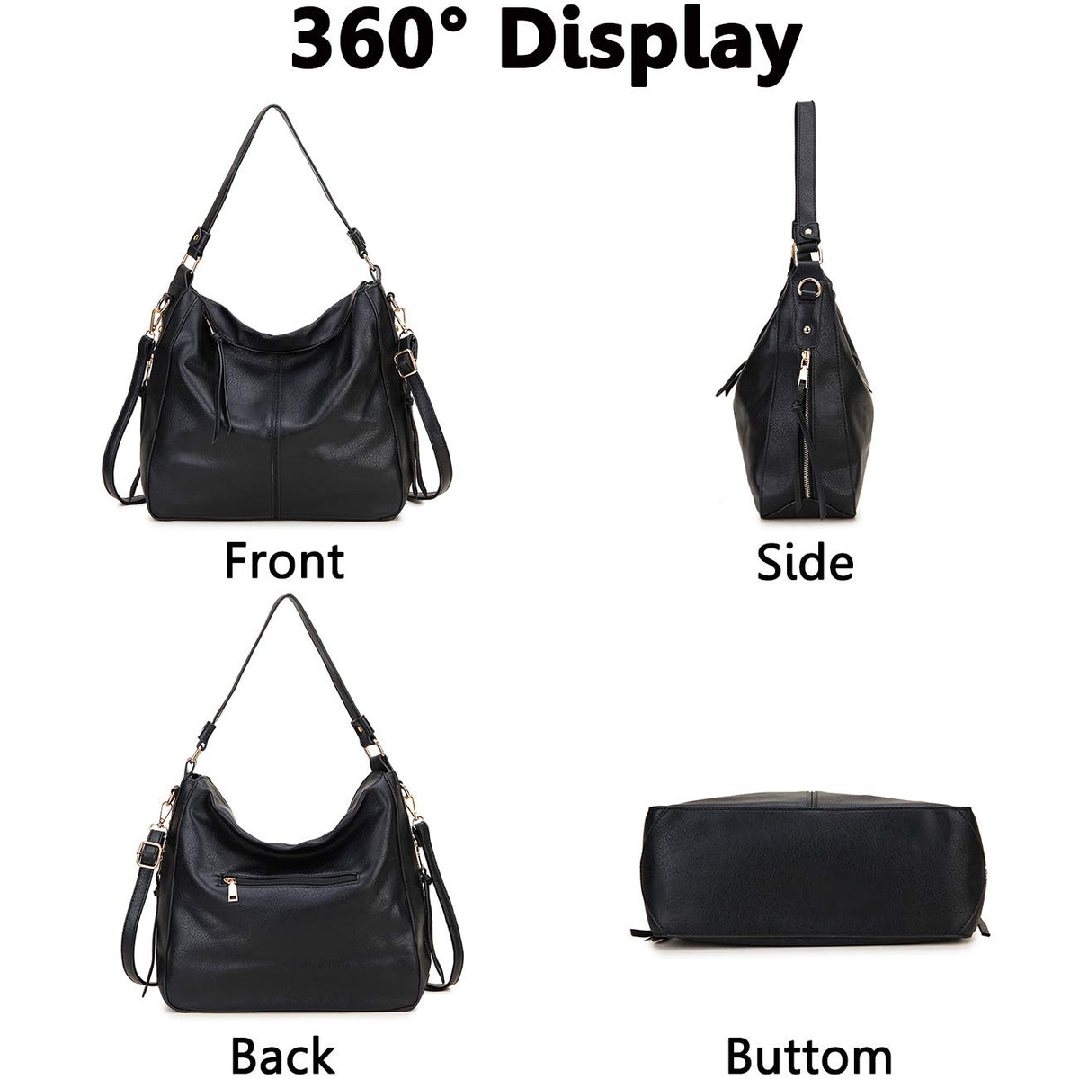 Hobo Bags for Women,VONXURY Faux Leather Tote Purse Ladies Handbag Large Shoulder Bags with Side Pockets for Work Travel,Black