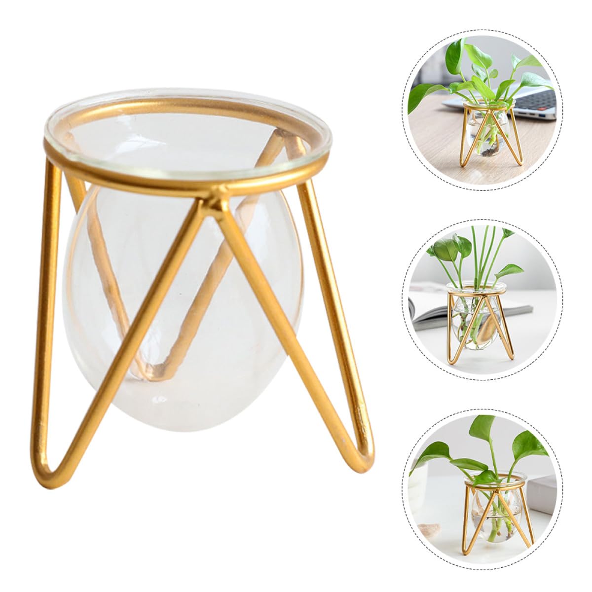 Toyvian Glass Plant Vase with Metal Stand, Decorative Bulb Terrarium Container for Succulents and Green Plants, Small Gold Indoor Hydroponic Planter for Home and Office Desk Decor