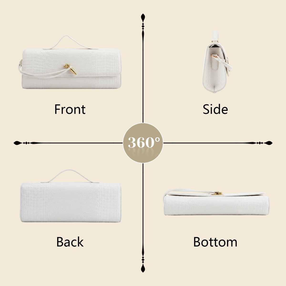 BWKUNOLF Evening Clutch for Women Crocodile Print - PU Leather Crossbody Bag with Removable Strap, Formal Party & Wedding Handbag (White)