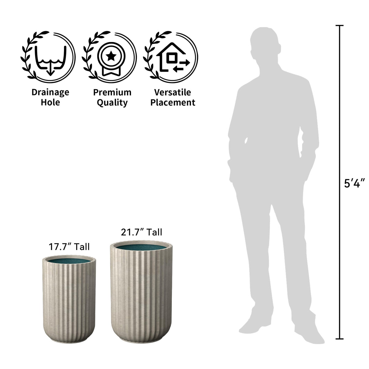 Kante Tall Fulted Planter, 21.7 Inch Tall Round Concrete Plant Pots with Drainage Hole and Rubber Plug, Modern Decor for Indoor Outdoor Plants, Flower, Weathered Finish with Painted Interior