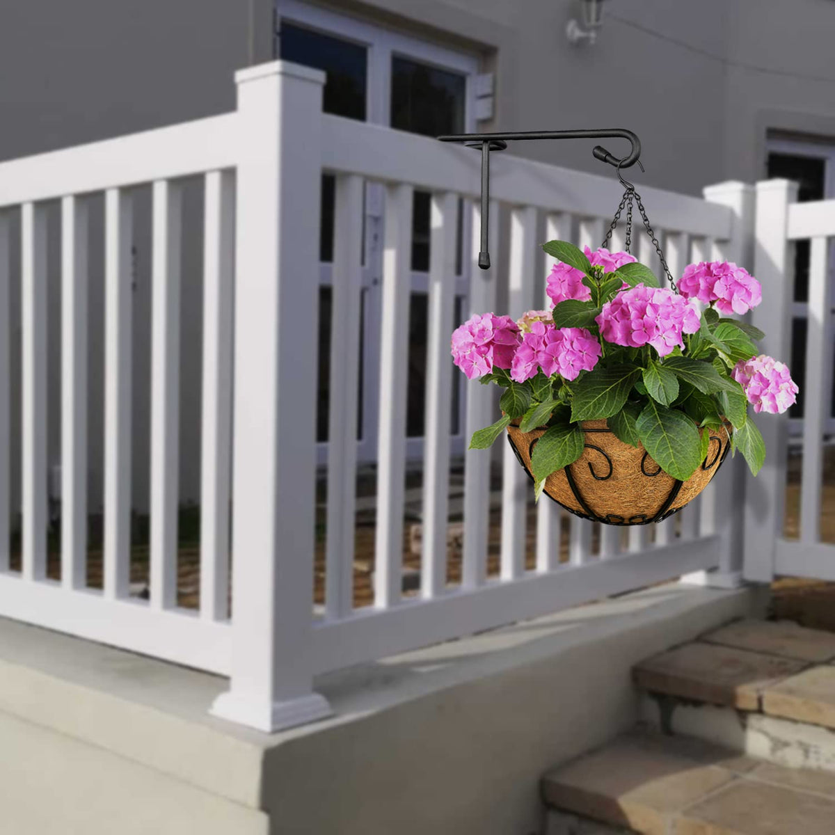 Vinazone Vinyl Fence Hooks for Hanging, Heavy Duty Patio Hangers, Outdoor Fence Hangers for Hanging Flower Baskets, Wind Chimes, Planters, Bird Feeders, Lights, Lanterns - 2 Pack - Black Color