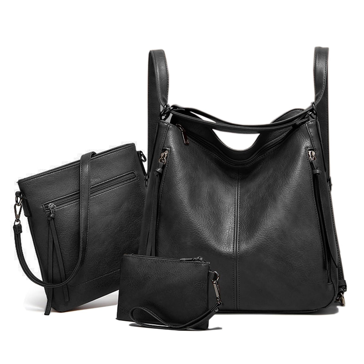 Tote Handbags for Women Convertible Backpack Purses PU Leather Hobo Bags Crossbody Shoulder Bag Satchel Purse Set 3pcs, Black