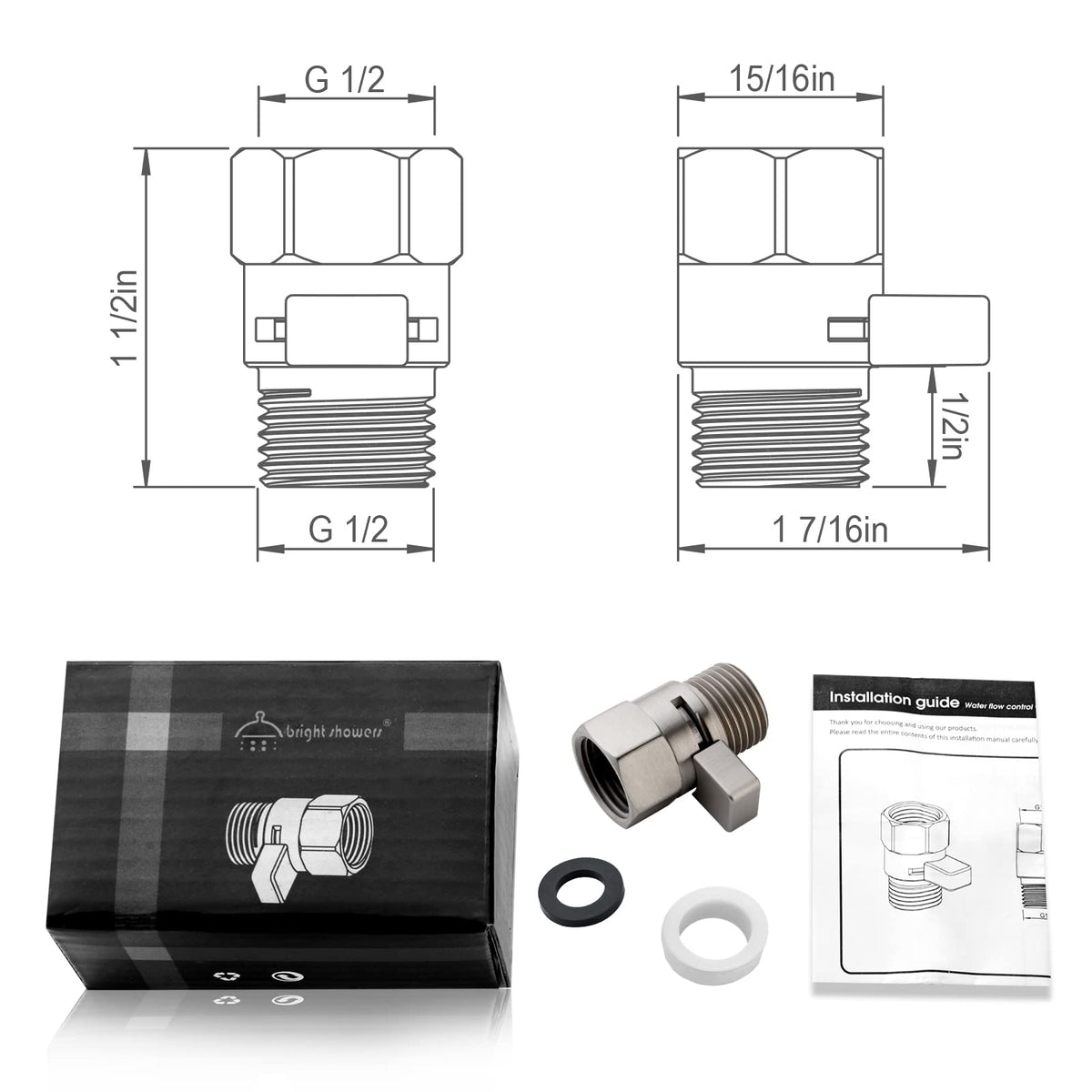 BRIGHT SHOWERS Water Flow Control Valve, Brass Shower Valve with Handle Lever, Flow Regulator Water-Saver Volume, Brushed Nickel