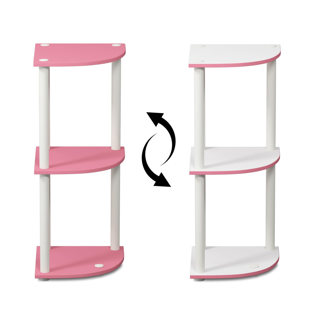 Furinno TURN-N-TUBE Corner Shelf, 3-Tier Corner Bookshelf, Display Storage Shelves with Open Shelves, for Organization and Storage, Living Room, Home Office, Garage, Pink