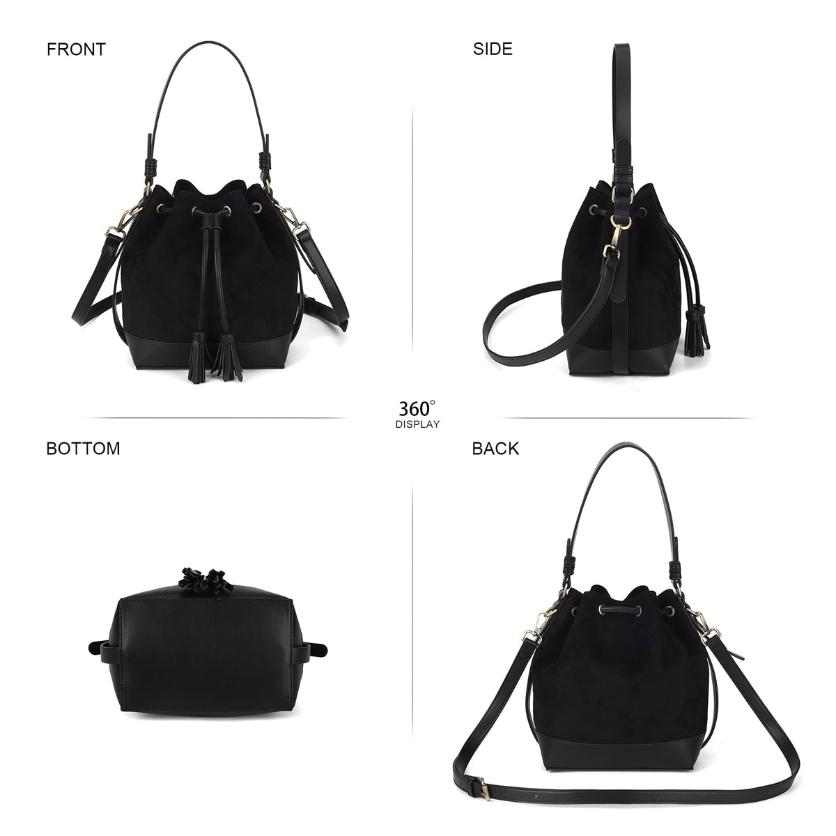 AFKOMST Faux Suede Bucket Bags and Drawstring Crossbody Boho Purse for Women Medium Hobo Handbags with 2 Shouder Straps (Black)