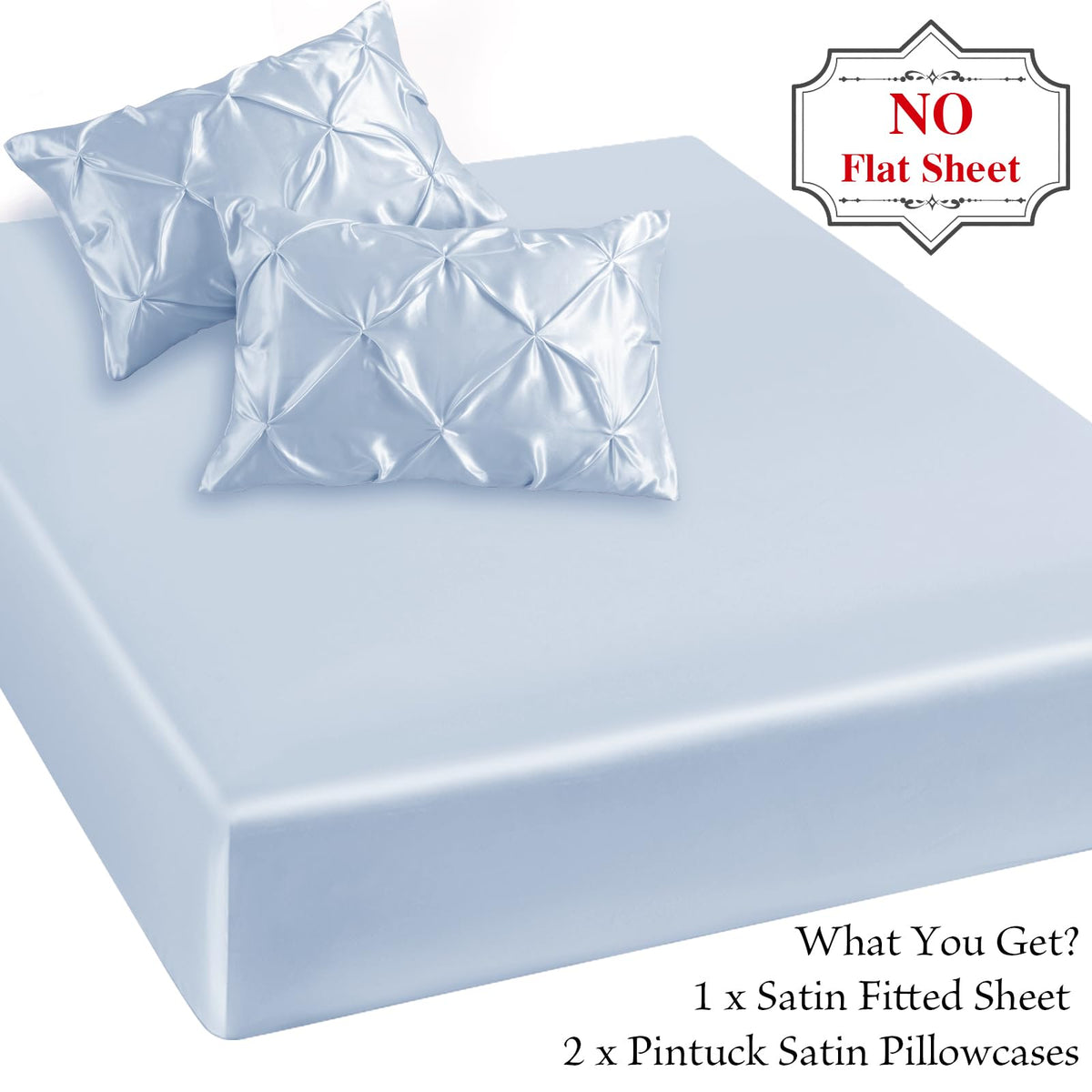 P Pothuiny 3-Piece Set Pintuck Satin Pillowcases & Twin Fitted Sheet, Baby Blue Satin Sheet Silky Soft Luxury Romantic Pinch Pleated Bedding Bedroom Dorm Decor, 15 Inch Deep Pocket
