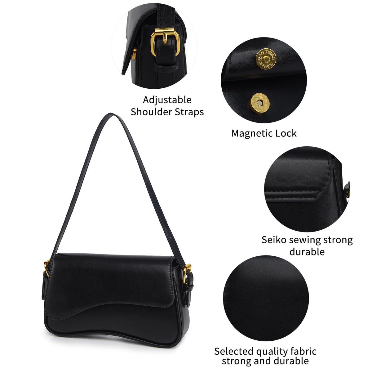Shoulder Bag for women Clutch Purse Handbag PU Leather Tote Bag with 2 Removable Straps and Zipper Closure Crossbody Bags (A-Black)