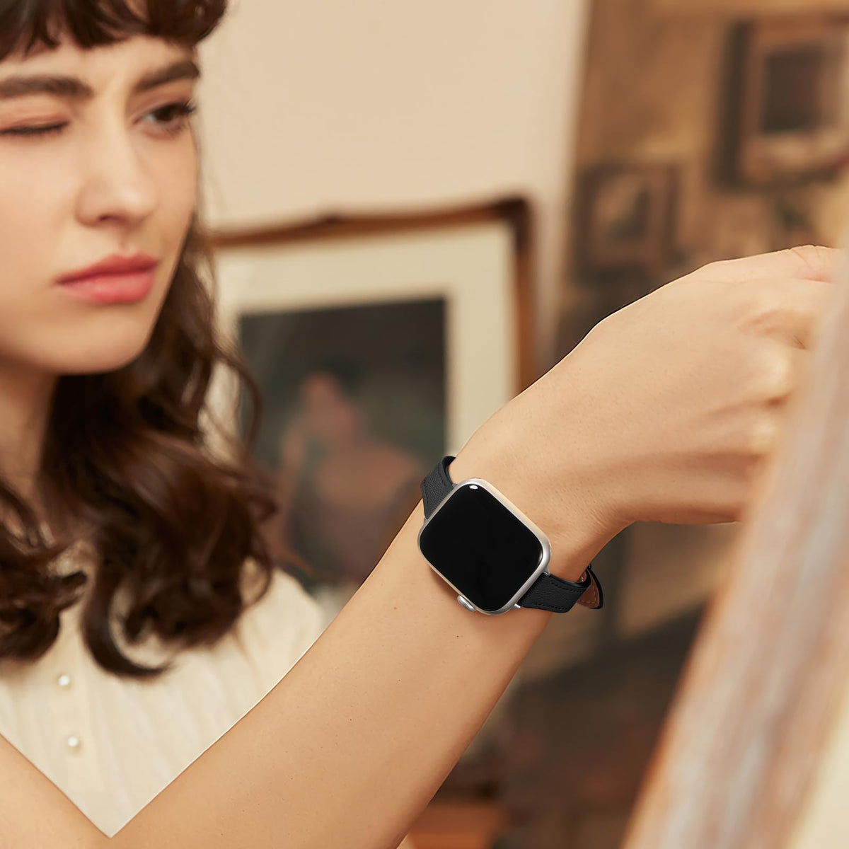 Charlam Slim Leather Band Compatible with Apple Watch Band 40mm 38mm 41mm 42mm 44mm 45mm 46mm Women,Top Grain Genuine Leather Strap Thin Wristband for iWatch Series 11 10 9 8 7 6 5 4 3 2 1 SE 3,Black