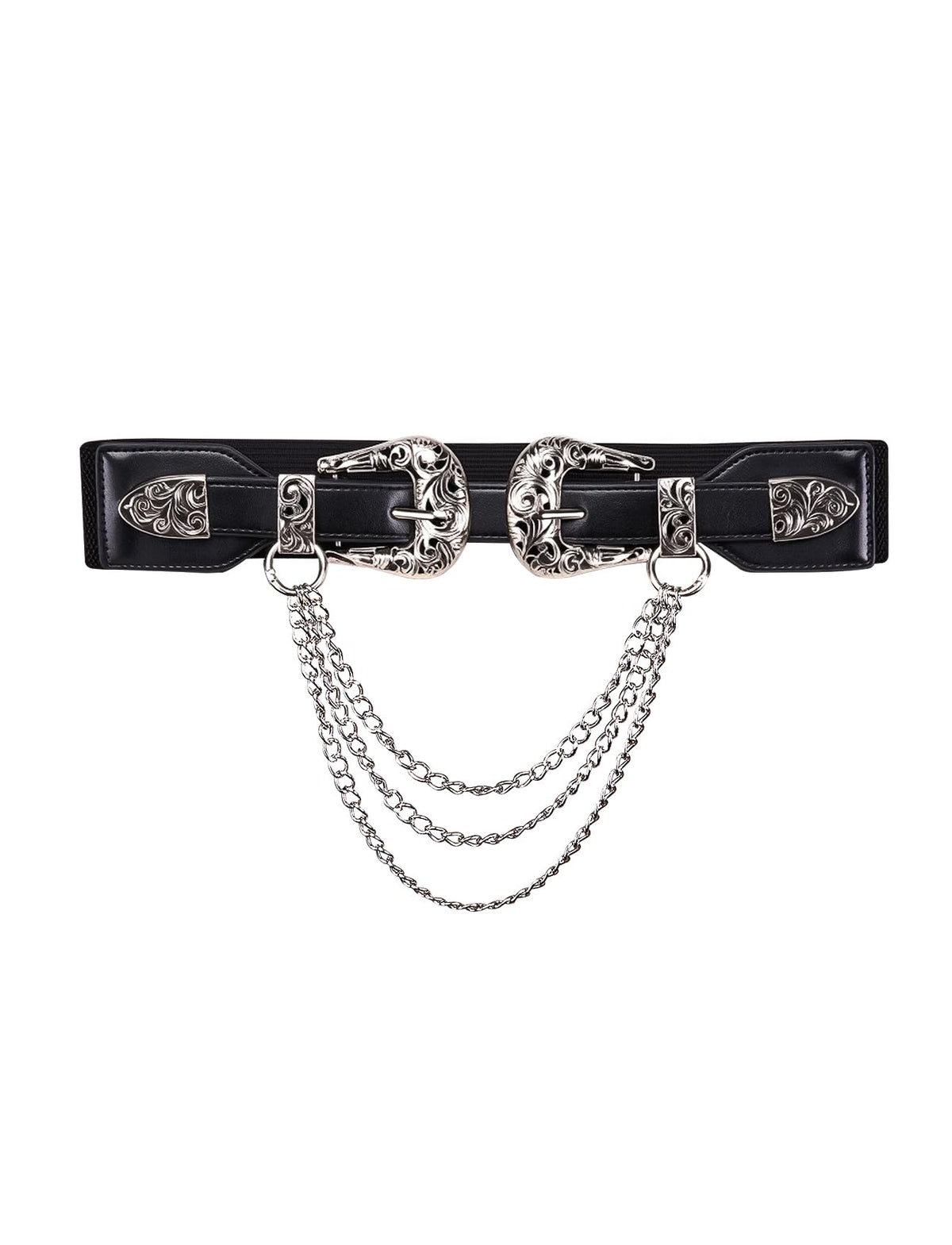 Dubulle Womens Belt Silver Black Chain Leather Belts Vintage Western Adjustable Elastic Double Buckle for Cowboy Pant Dress