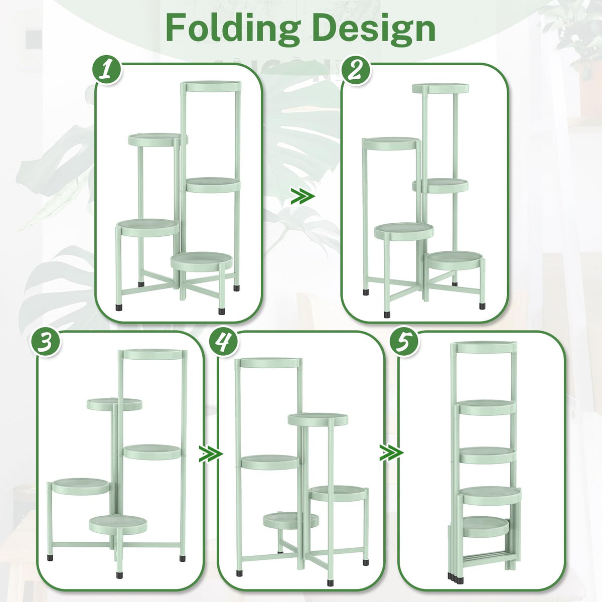 iDavosic.ly Plant Stand Indoor Outdoor, 5 Tier Corner Metal Flower Display Holder Shelf, Folding Tall Orchid Rack for Patio Balcony Porch Garden Living Room House, Light Green