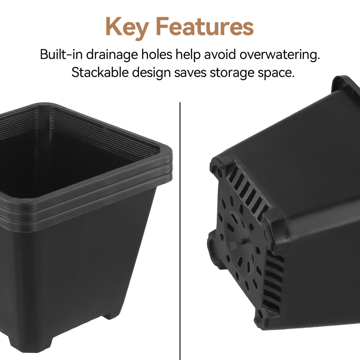 HAKZEON 50 PCS 5.5 Inch Square Nursery Pots, Black Plastic Plant Pot with Drainage Holes, Small Seed Starting Pots for Flower Planter Seedlings, Succulents