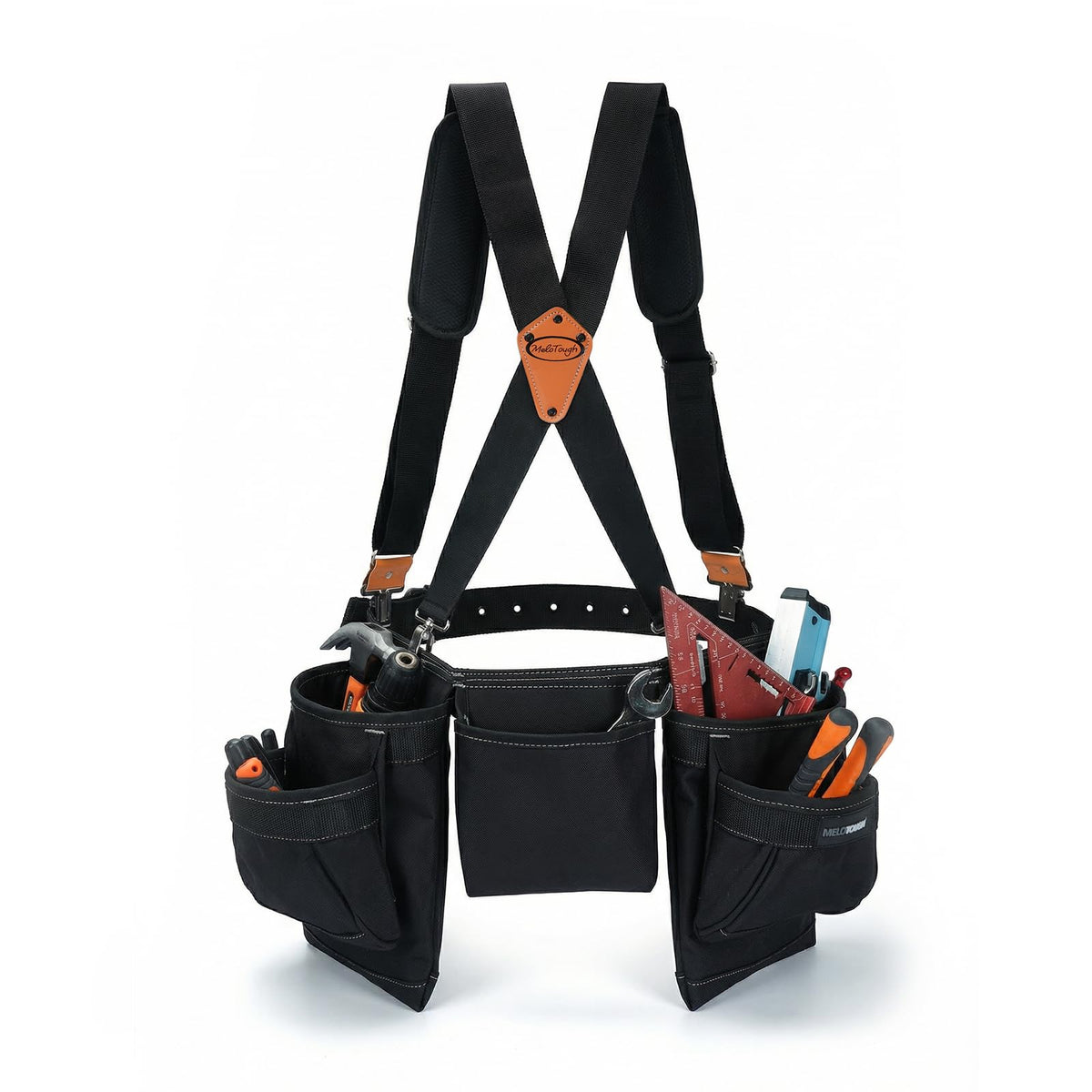 MELOTOUGH 14-Pockets Professional Tool Belt with Suspenders,Heavy Duty Tool Bag and Pouch Combo for Carpenters,Construction,Electricians(Black, 33''-49'')