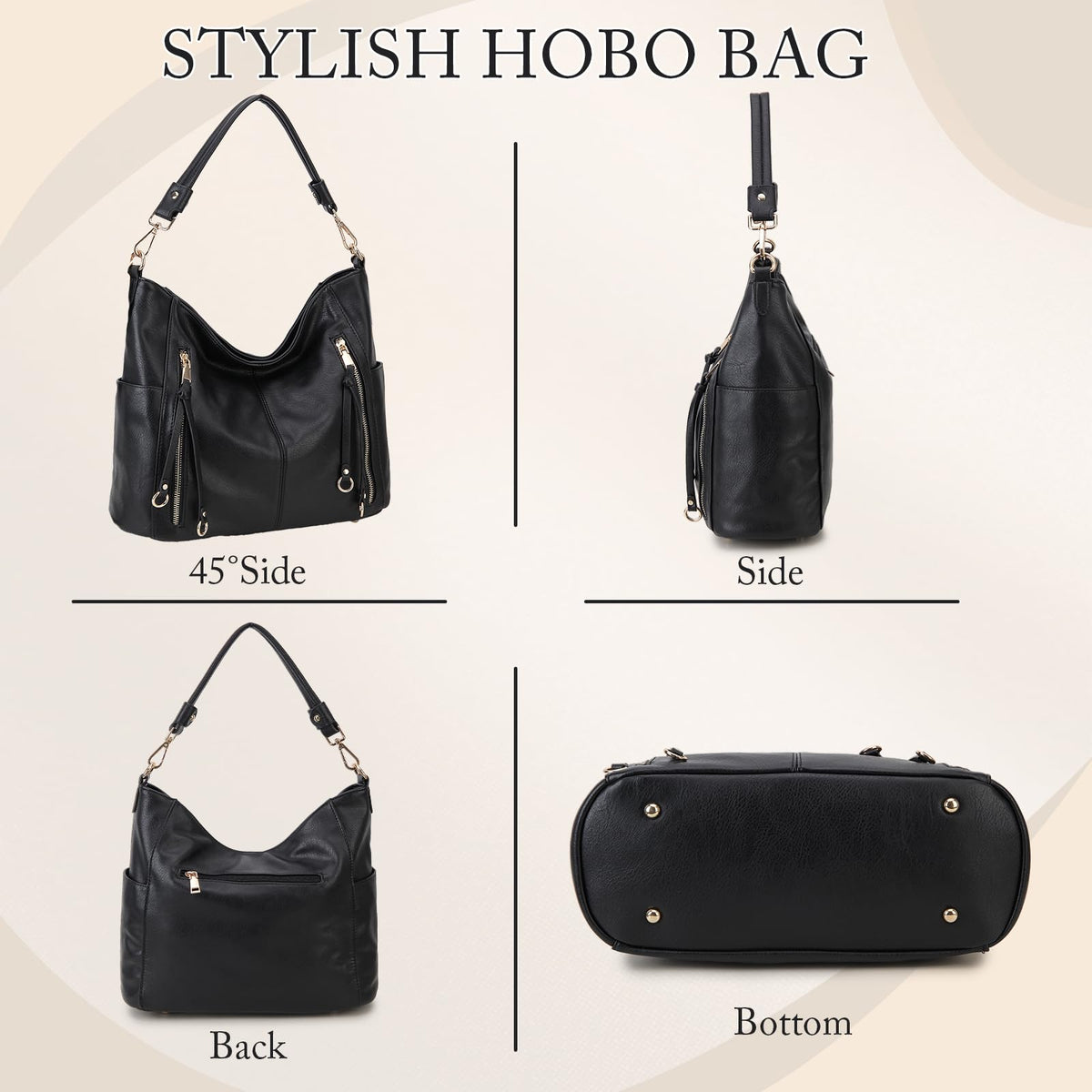 Chase Chic Hobo Bag for Women, PU Leather Ladies Purse and Handbags with Adjustable Strap Trendy Large Crossbody Shoulder Bucket Bag for Work,Travel(Black)
