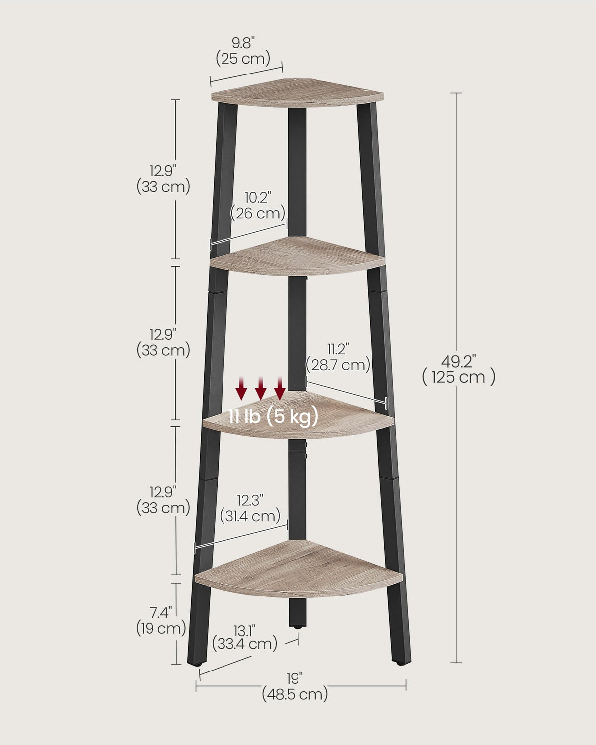 VASAGLE Corner Shelf Stand, 4-Tier Corner Bookshelf, Industrial Ladder Shelf, Plant Stand for Living Room, Office, Kitchen, Greige and Black ULLS034M01