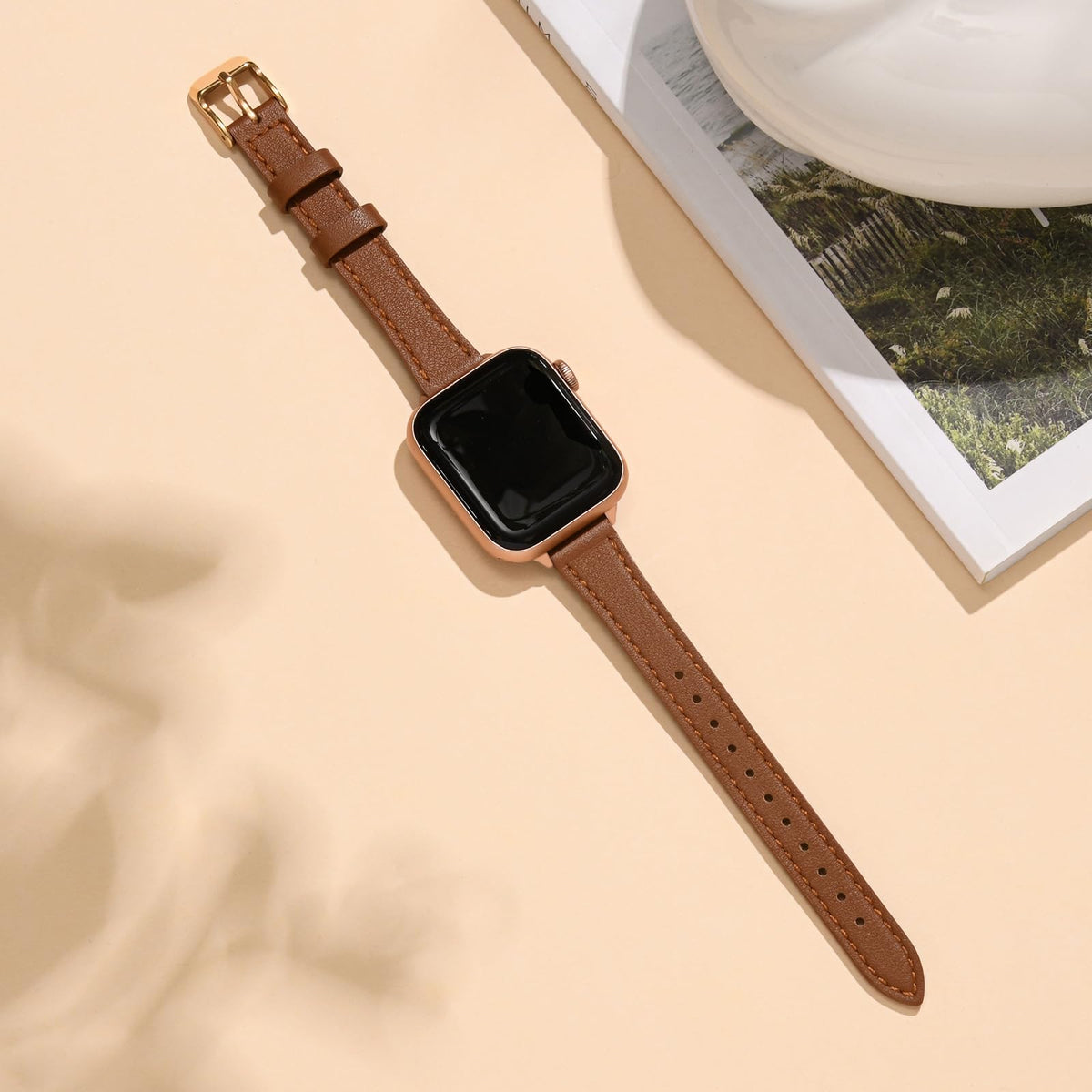 STIROLL Slim Leather Bands Compatible with Apple Watch Band 38mm 40mm 41mm 42mm(Series 11 10), Top Grain Leather Watch Thin Wristband for iWatch SE 9 8 7 6 5 4 3 2 1 (Brown Rose Gold)