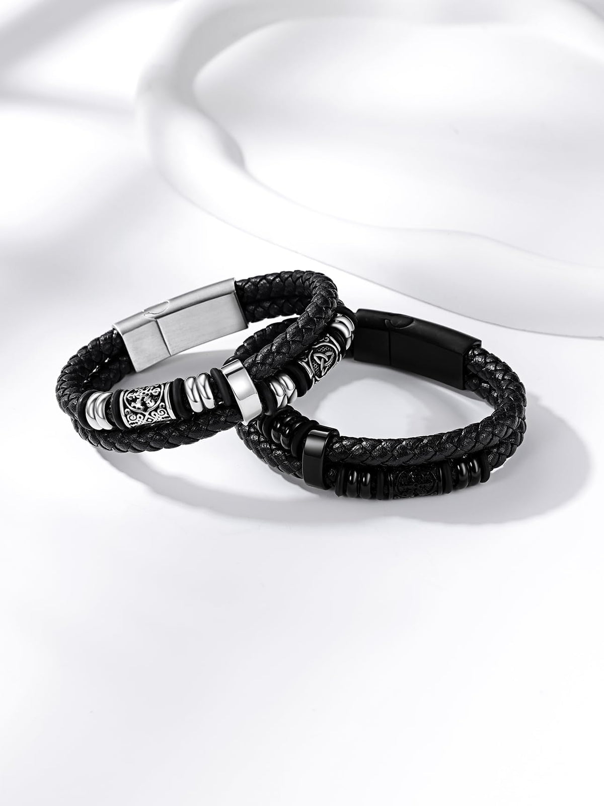 Bestyle Black Leather Bracelet for Men Double Layer Mens Leather Celtic Bracelets with Lucky Beads, Fashion Punk Retro Men Wristband Leather Bracelet Great Gift for Father Husband, 23cm/9.1 Inch