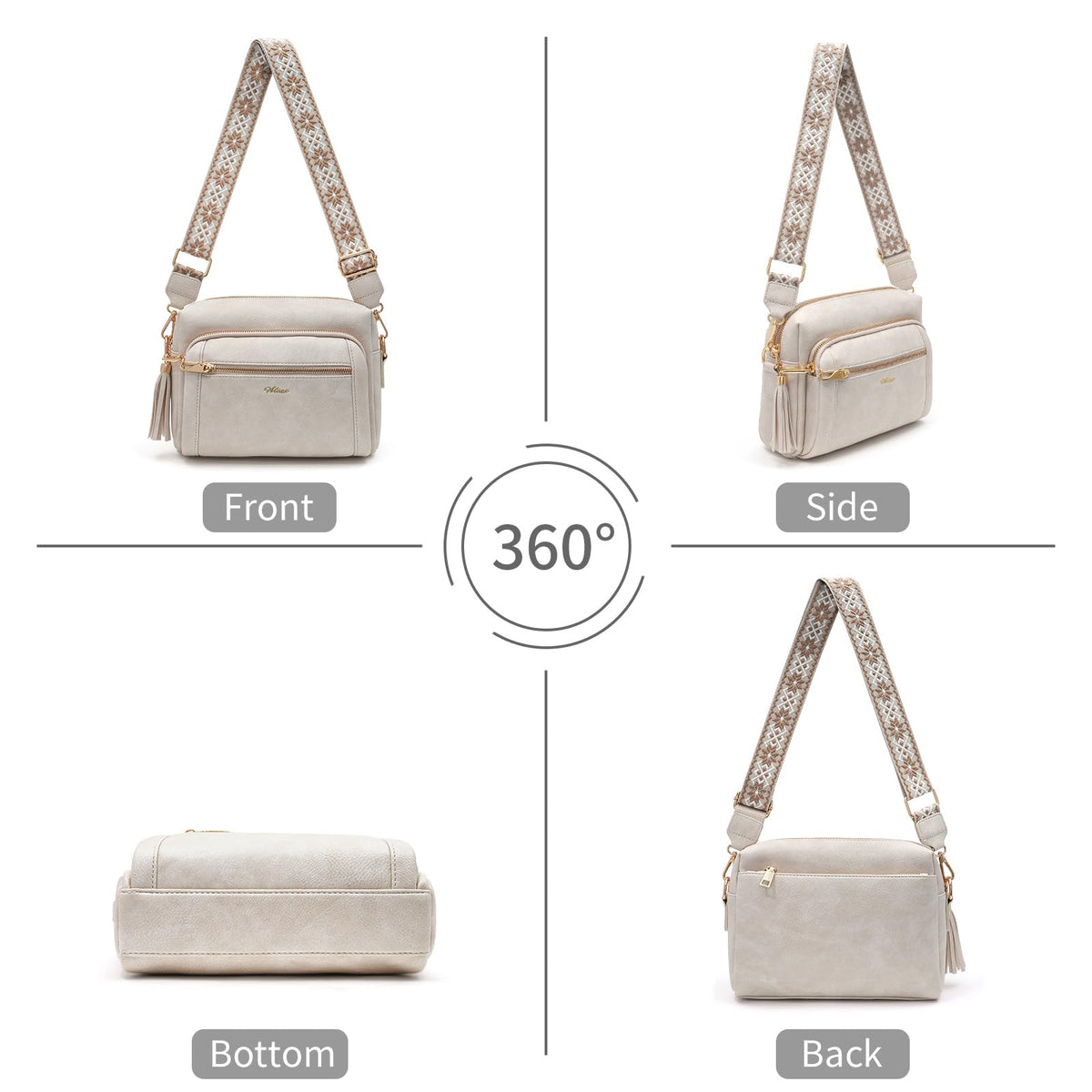 HILAEX Small Leather Crossbody Bags for Women Anti theft Purses and Handbag Shoulder Hangbag with Wide Strap Tassel Beige