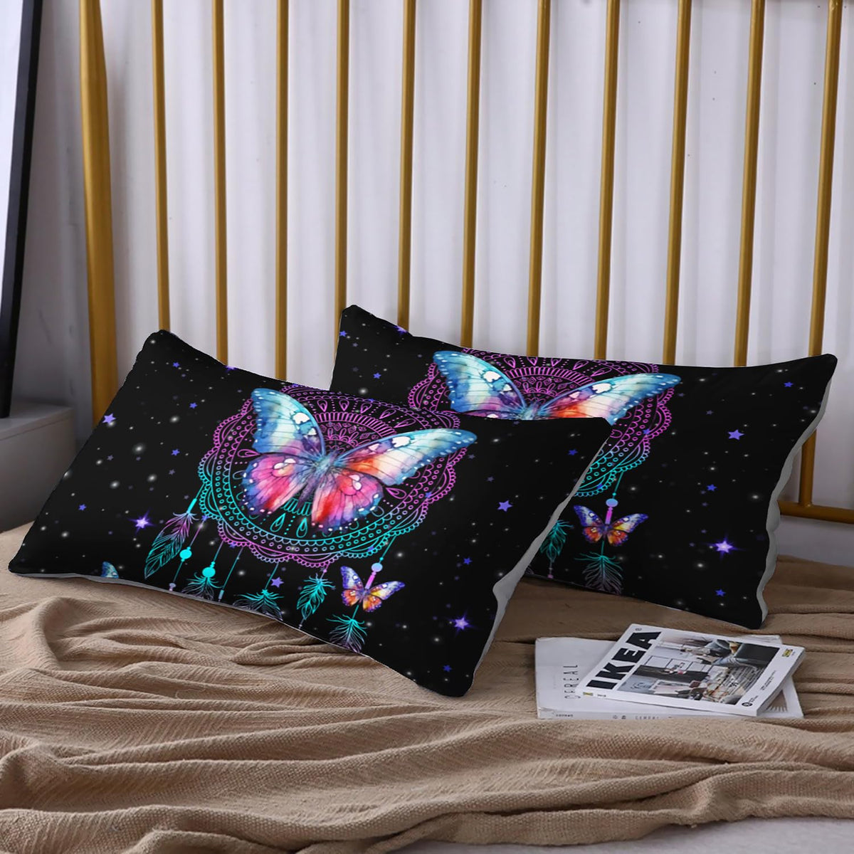 HOSIMA Dream Catcher Fitted Sheets Full Size Bed,Butterfly Feather Dream Stories Bedding Set Kidcore Room Decor Aesthetic Black Galaxy Starry Boho Bedding Set with 2 Pillowcases.