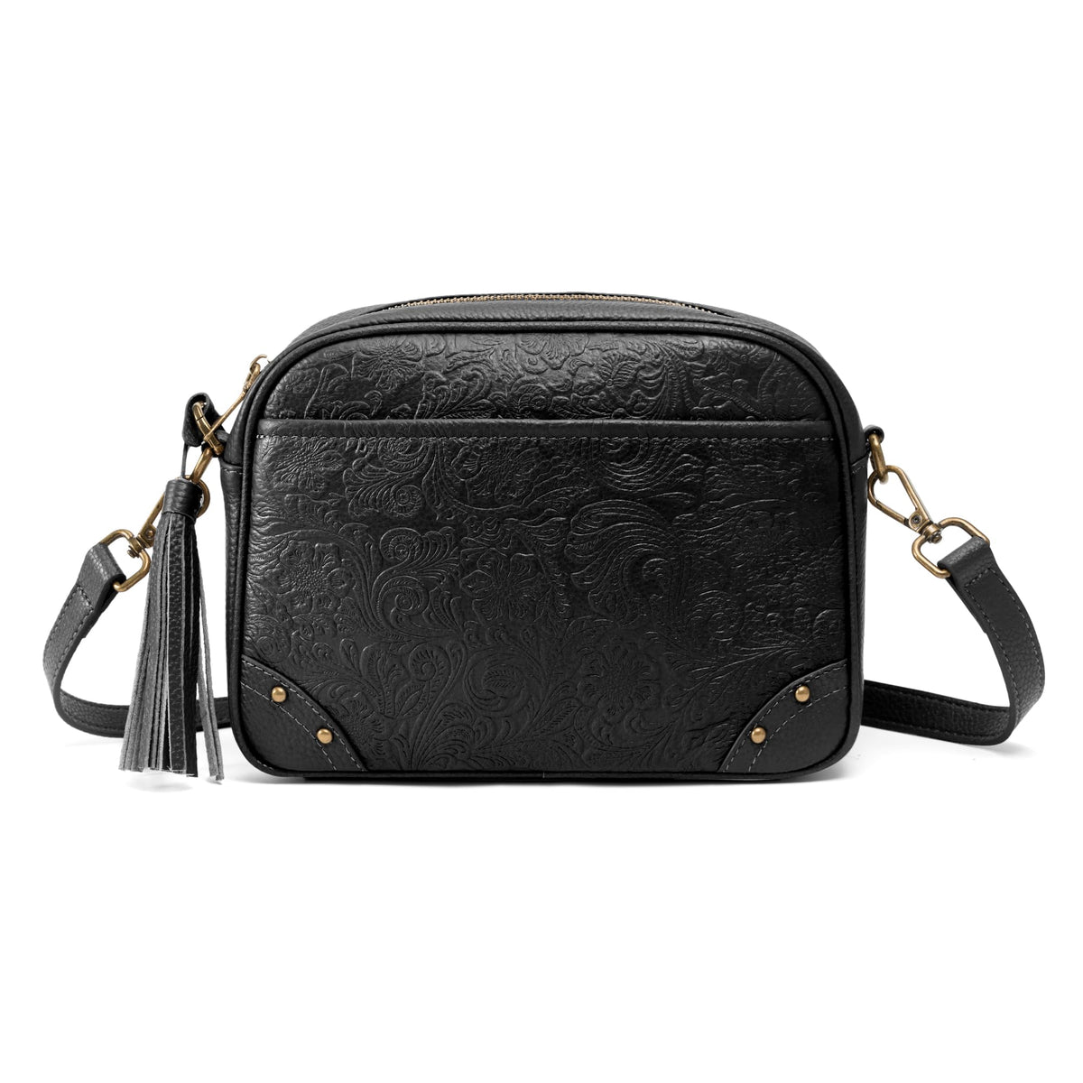 befen Black Crossbody Purses for Women Embossed Genuine Leather Small Handbag with RFID Blocking Anti-Theft Cross Body Bags for Daily Travel