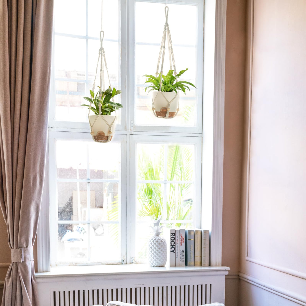 Mkono 6.5 Inch Hanging Planters, Macrame Plant Hangers with Self Watering Plant Pots Indoor Set of 2 Hanging Baskets Flower Pot Holders with Hooks No Tassels for Boho Home Decor, Ivory