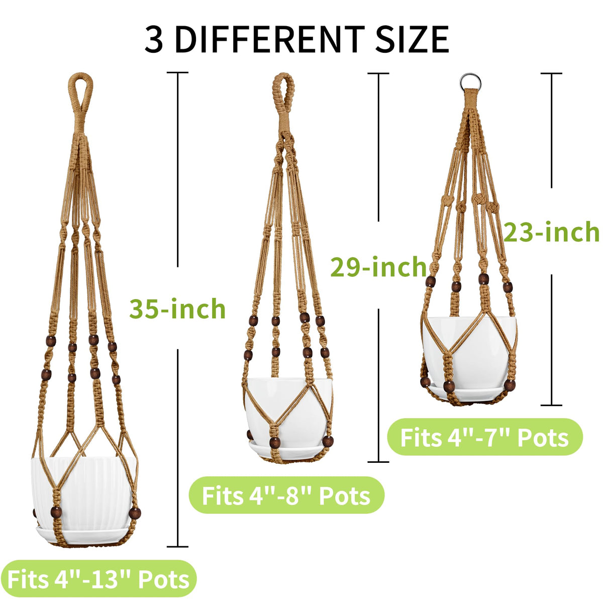 IDEEEPAN Macrame Plant Hanger - Fits 4 to 13 inches Pots for Indoor Outdoor, 35"/29"/23" Different Sizes Set, Brown (POTS NOT Included)