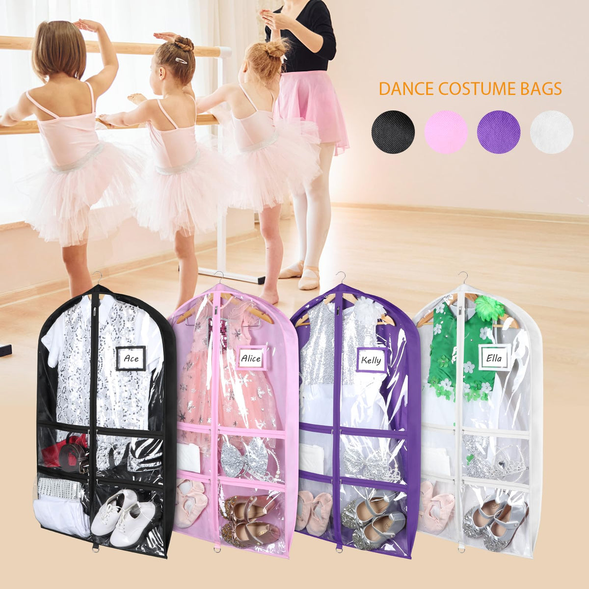 Syeeiex 3" Gusseted Dance Costume Garment Bag(5 Pack), 40'' Dance Garment Bags for Dancers with 4 Zipper Pockets & Can Hold 1-3 Dance Costumes - Suitable for Dance Competitions, Ballet(White)