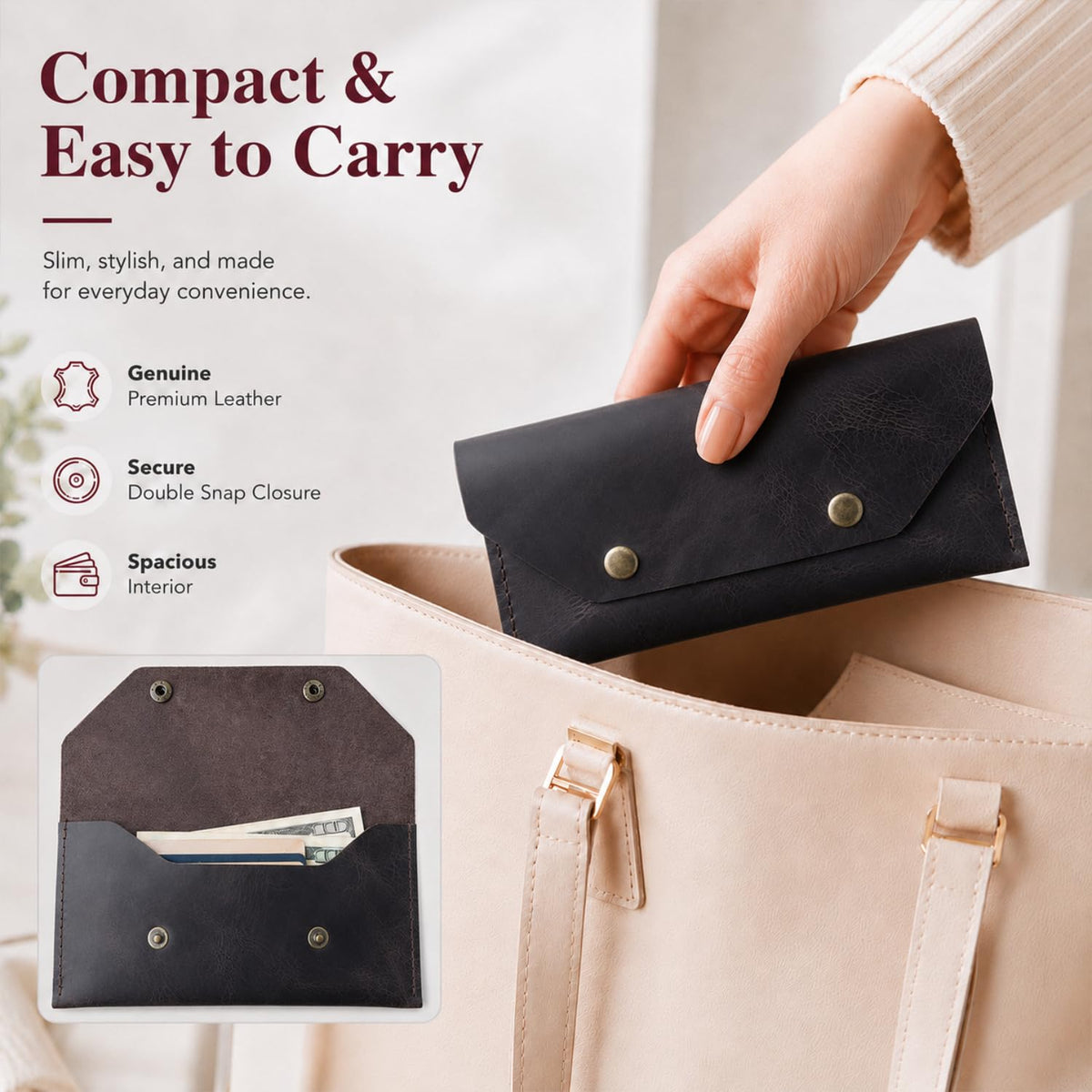 ZEMARS Genuine Leather Cash Envelope Wallet, Two Snap Money Pouch for Men and Women, Reusable Budget Envelope Wallet, Slim Organizer for Cash, Cards, Receipts, Checks and Keys (Dark Brown)