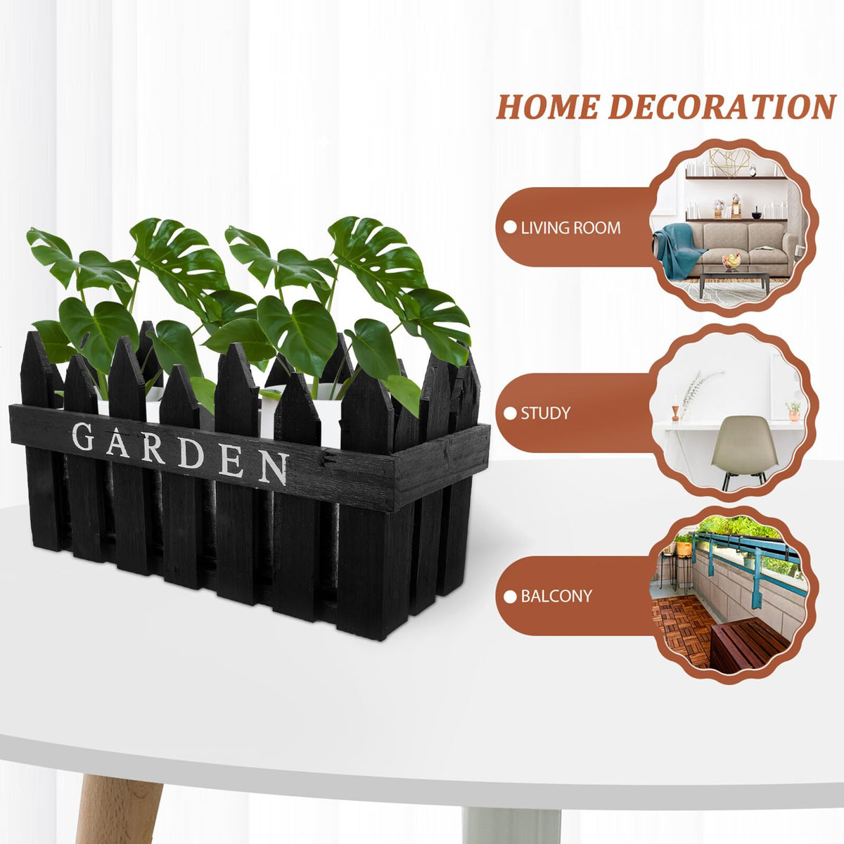 INOOMP Rectangular Wooden Flower Pot Planter Box with Decorative Fence Design, Nordic Style Balcony Planting Basket for Indoor Outdoor Garden Use, Black Wood Material